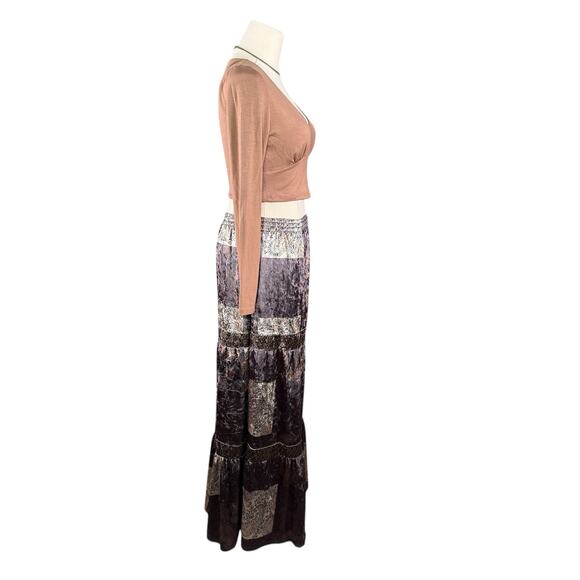Velvet Patchwork Maxi Skirt | Boho Gypsy Vintage Style Tiered Long Skirt | Small - Picture 5 of 13